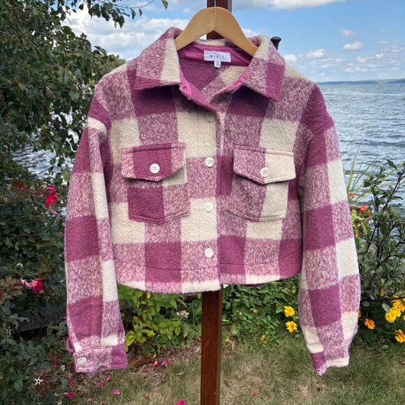 Mable Micah Brushed Fuzzy Textured Pink Plaid Crop Button Down Jacket size Small - Picture 3 of 11